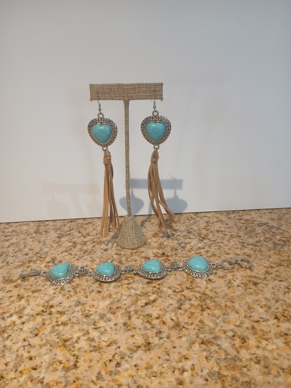 ICON Turquoise Heart Tassel Earrings with Tan Tassels